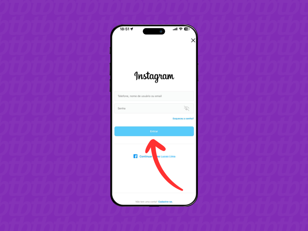 Captura de tela do aplicativo Instagram usa uma seta vermelha para indicar o botão "Entrar"