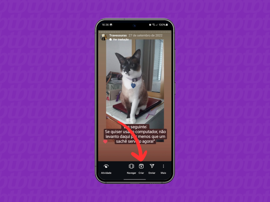 Captura de tela do aplicativo Instagram mostra como converter um Destaques em reel