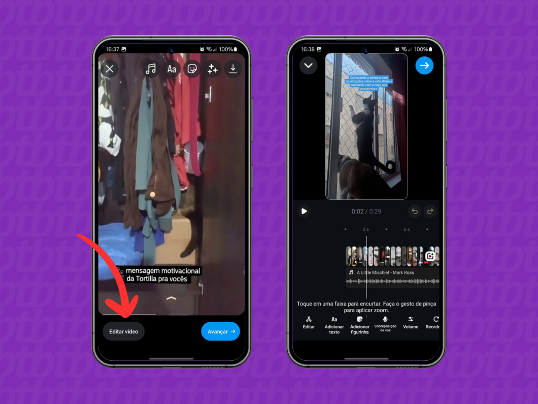 Capturas de tela do aplicativo Instagram mostram como editar um reel convertido a partir dos Destaques
