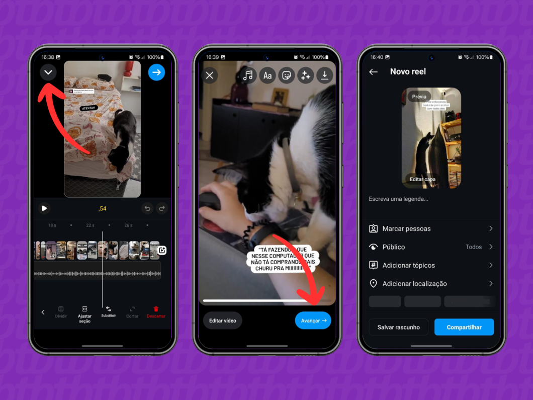 Capturas de tela do aplicativo Instagram mostram como publicar um reel convertido a partir dos Destaques
