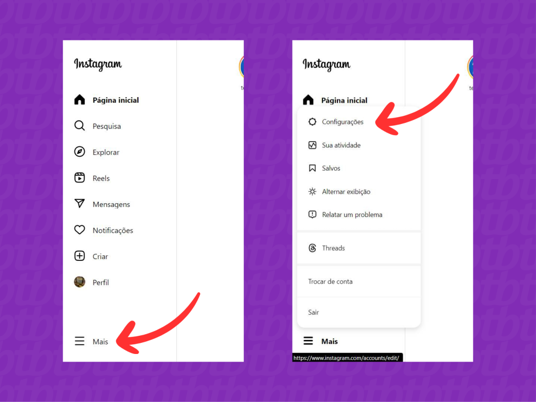 Capturas de tela do navegador mostram como acessar as "Configurações" do Instagram