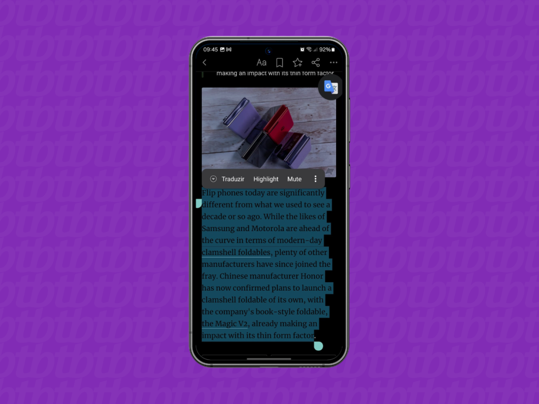 Captura de tela do aplicativo Feedly mostra como selecionar um texto