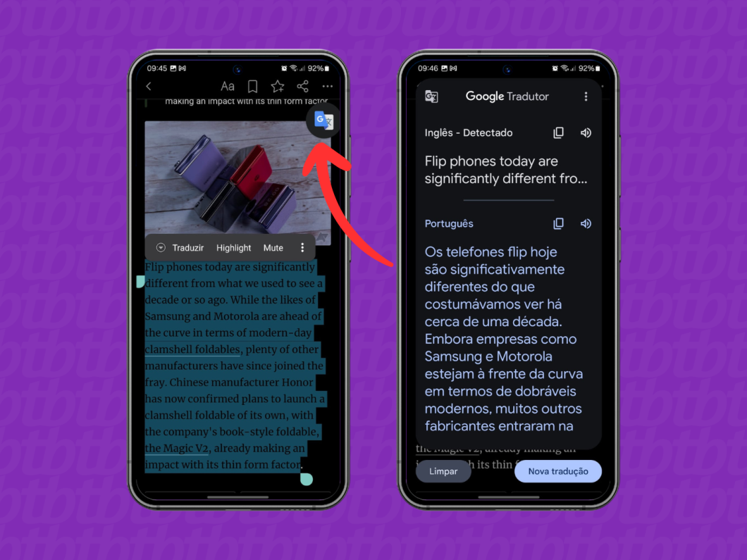 Capturas de tela dos aplicativos Feedly e Google Tradutor mostram usar o recurso "Use o Toque para traduzir"