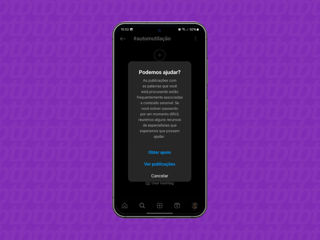 Print do aplicativo do Instagram mostra mensagem ao buscar conteúdos sobre automutilação