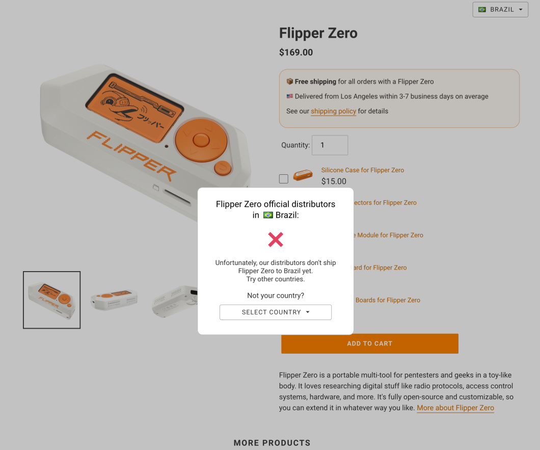 Print do site do Flipper Zero. Informa que "infelizmente, nossos distribuidores ainda não enviam o Flipper Zero para o Brasil. Tente outros países".