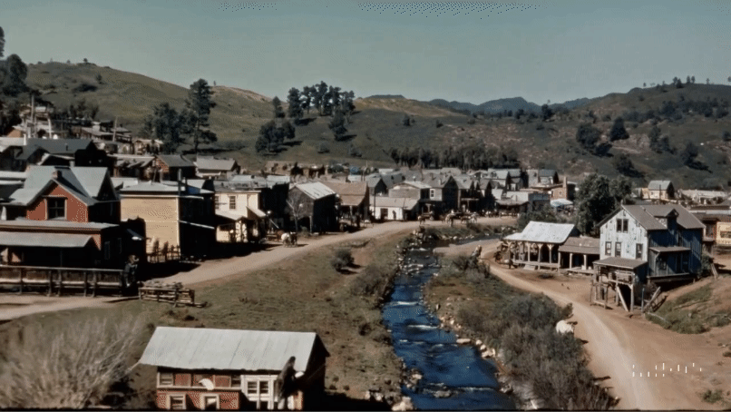 Tomada aérea de vilarejo durante Corrida do Ouro, nos Estados Unidos