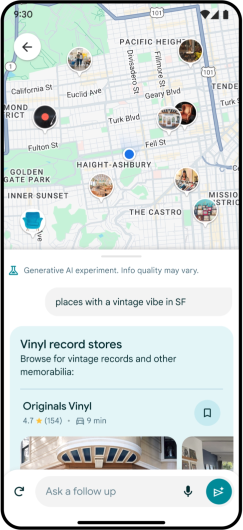 Tela do Google Maps com busca por lugares com "vibe vintage" e lojas de vinil nos resultados