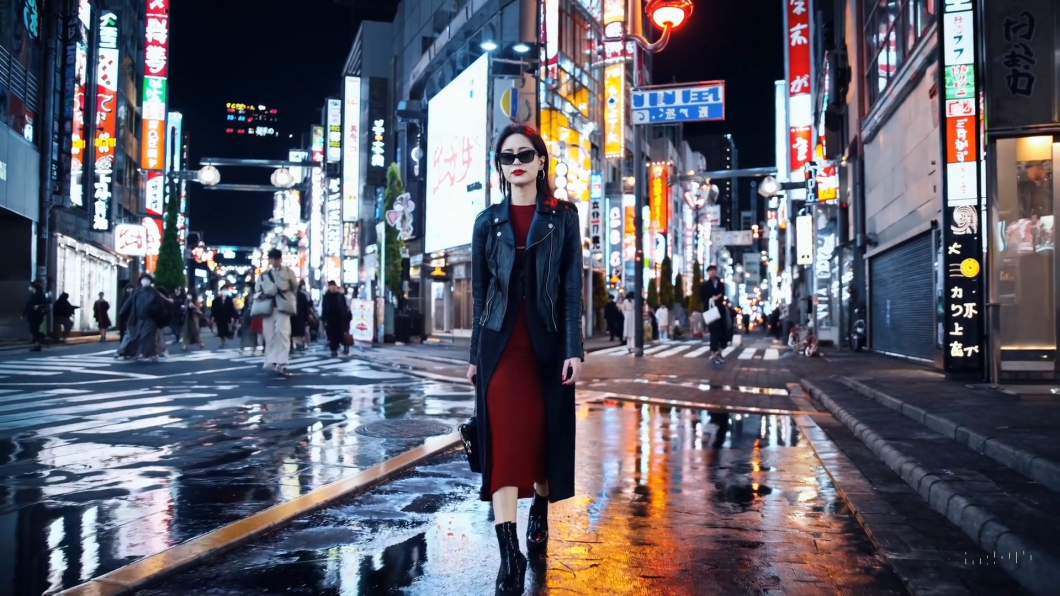 Frame de vídeo criado pela Sora com mulher caminhando pelas ruas de Tóquio