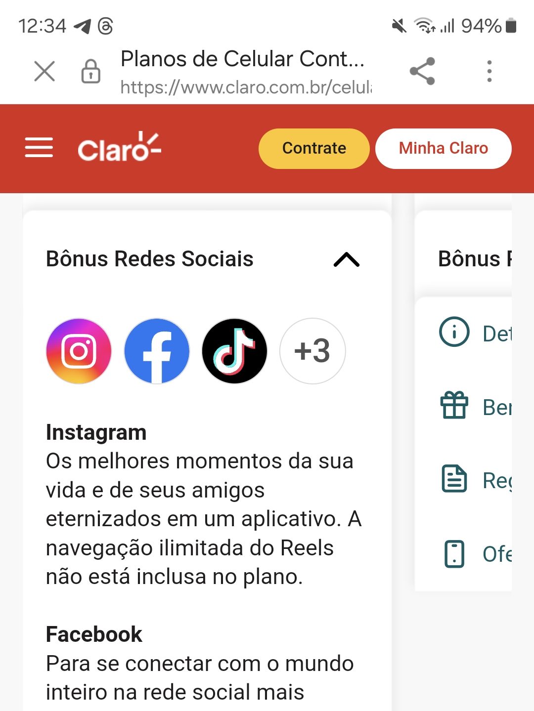 Print do site da Claro mostra "Bônus Redes Sociais"