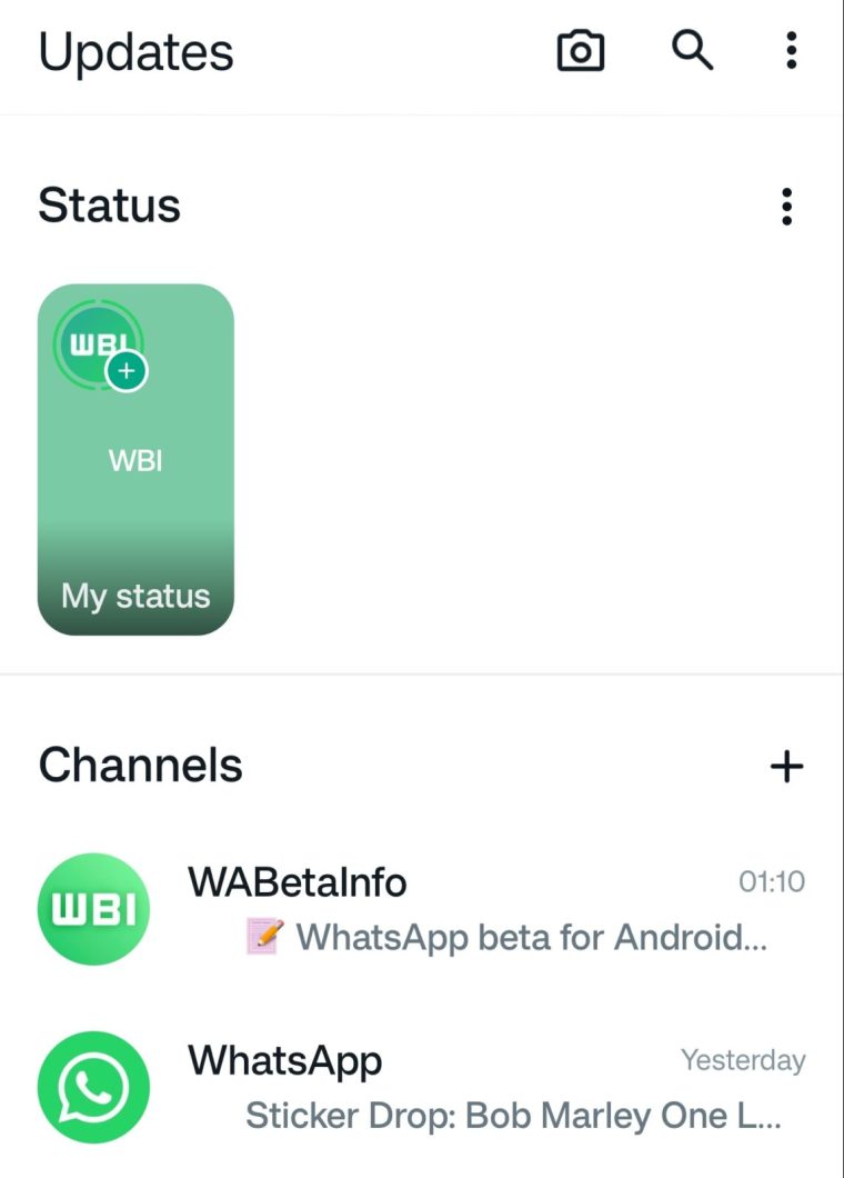 Tela do WhatsApp. Status aparecem como um retângulo na vertical, mostrando pré-visualização do conteúdoi.