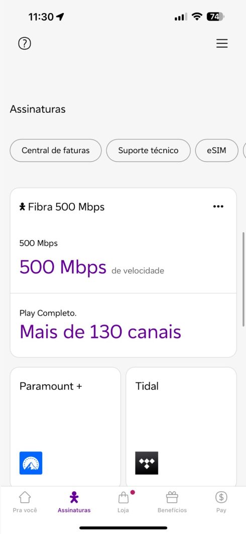 Menu de assinaturas mostra todos os serviços contratados pelo cliente (Imagem: Divulgação/Vivo)