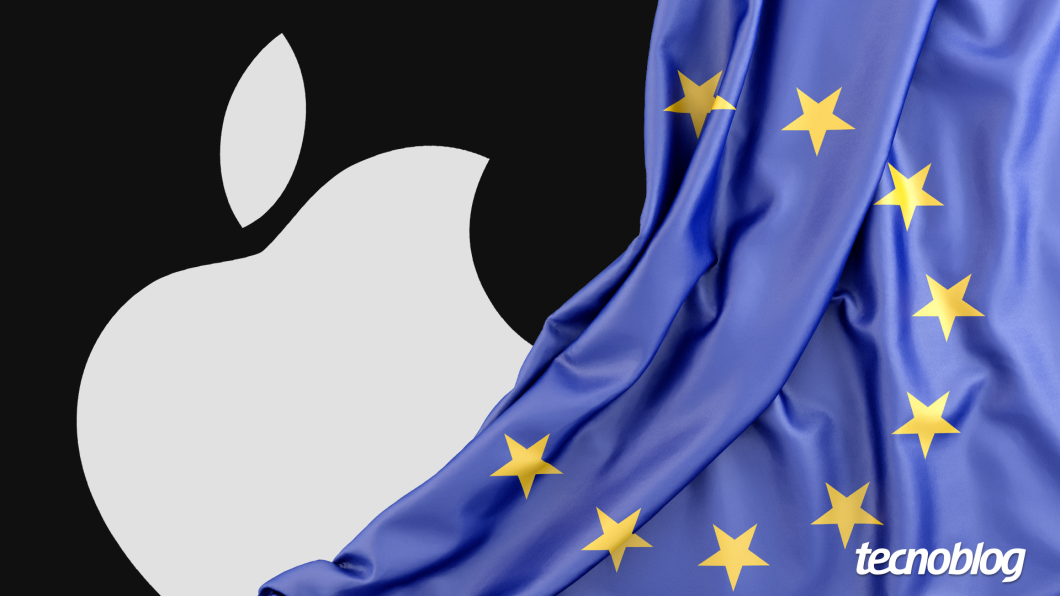 Arte mostra o logo da Apple coberto parcialmente com a bandeira da União Europeia.