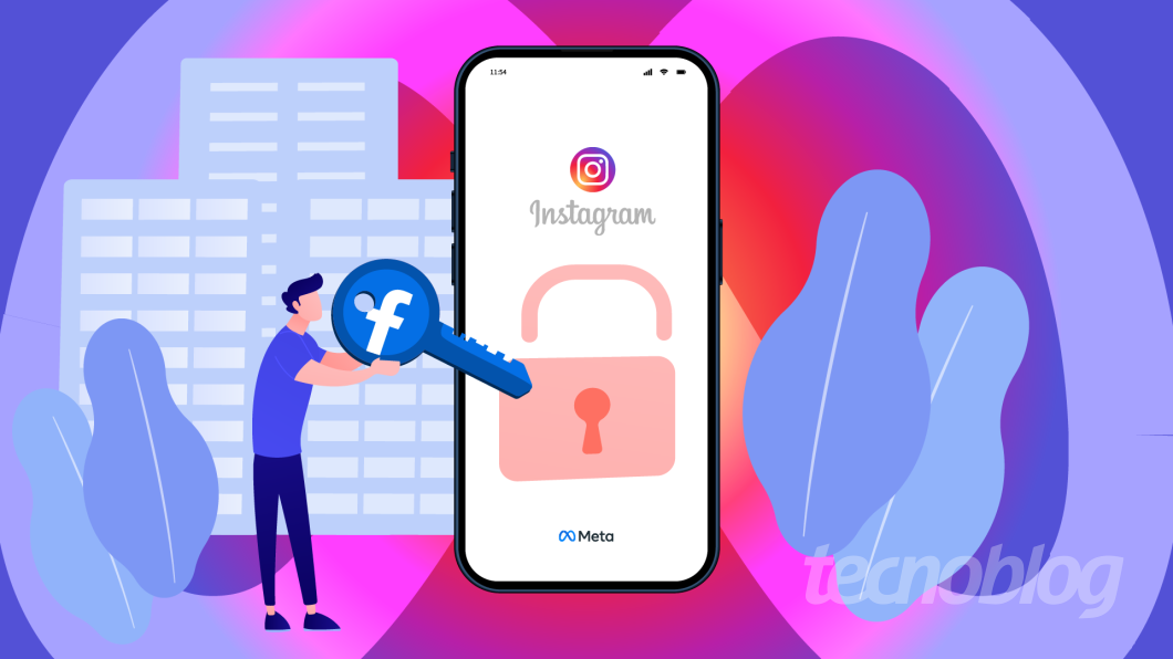 Ilustração mostra uma pessoa usando uma chave com o ícone do Facebook para abrir um cadeado com ícone do Instagram na tela de um celular
