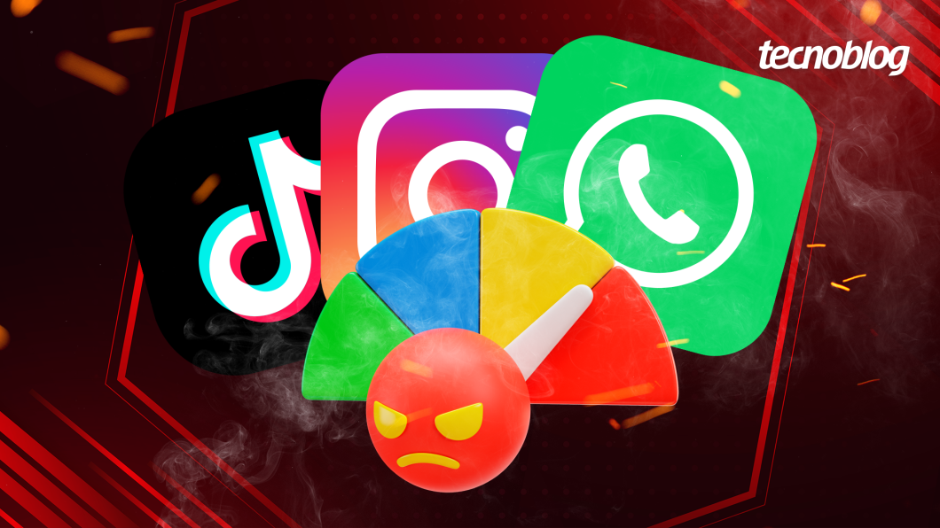 Ilustração com as marcas do TikTok, Instagram e WhatsApp. Ela mostra um emoji furioso e um velocímetro chegando perto do limite.