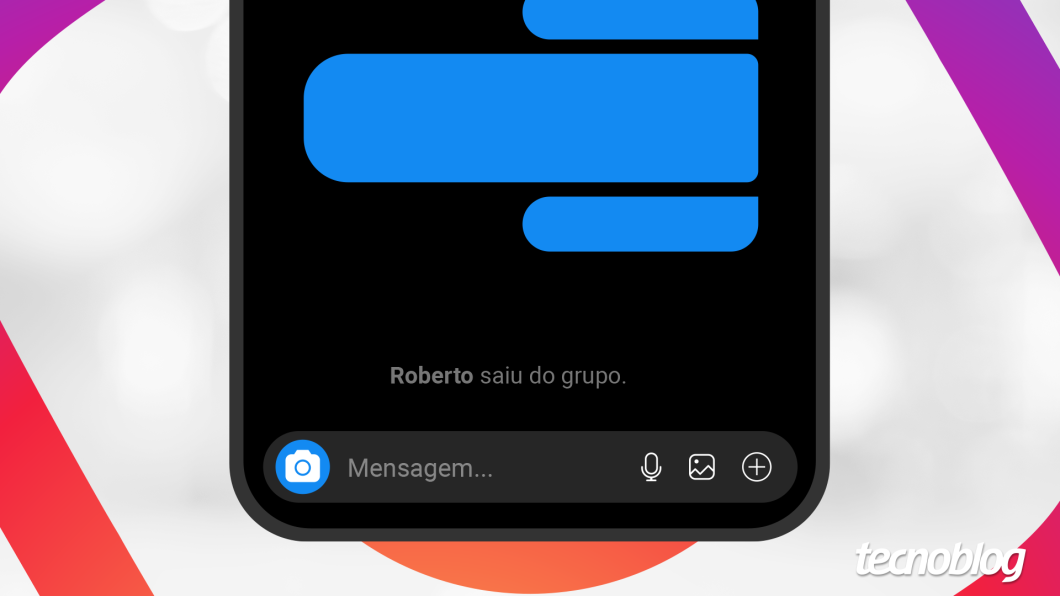 Ilustração de um celular com o app Instagram mostra a mensagem de que "Roberto saiu do grupo"