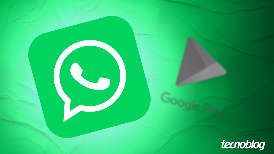 Ilustração mostra a logo do WhatsApp e a logo da Google Play Store desfocada ao fundo