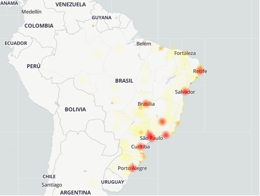 Mapa mostra regiões afetadas pelo bug no Instagram (Imagem: Reprodução/DownDetector)