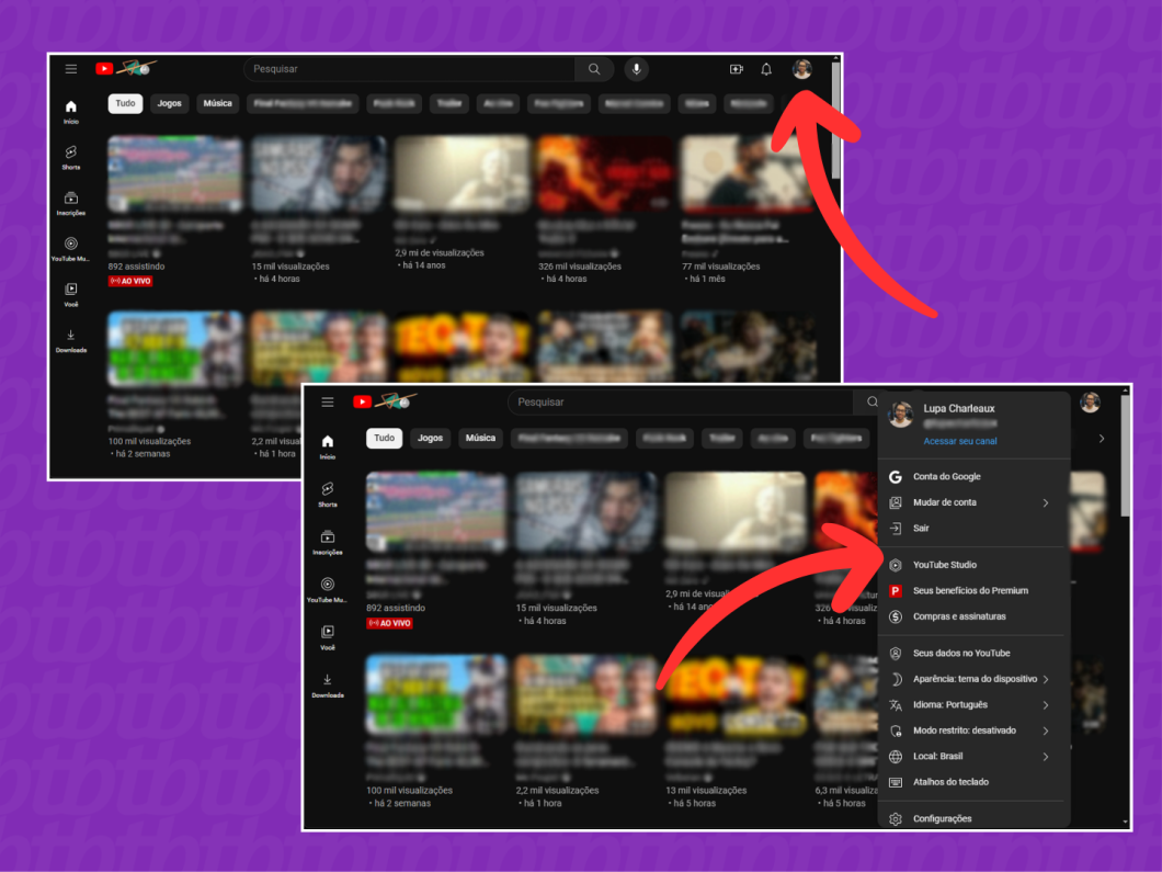 Capturas de tela do site YouTube mostram como acessar o YouTube Studio