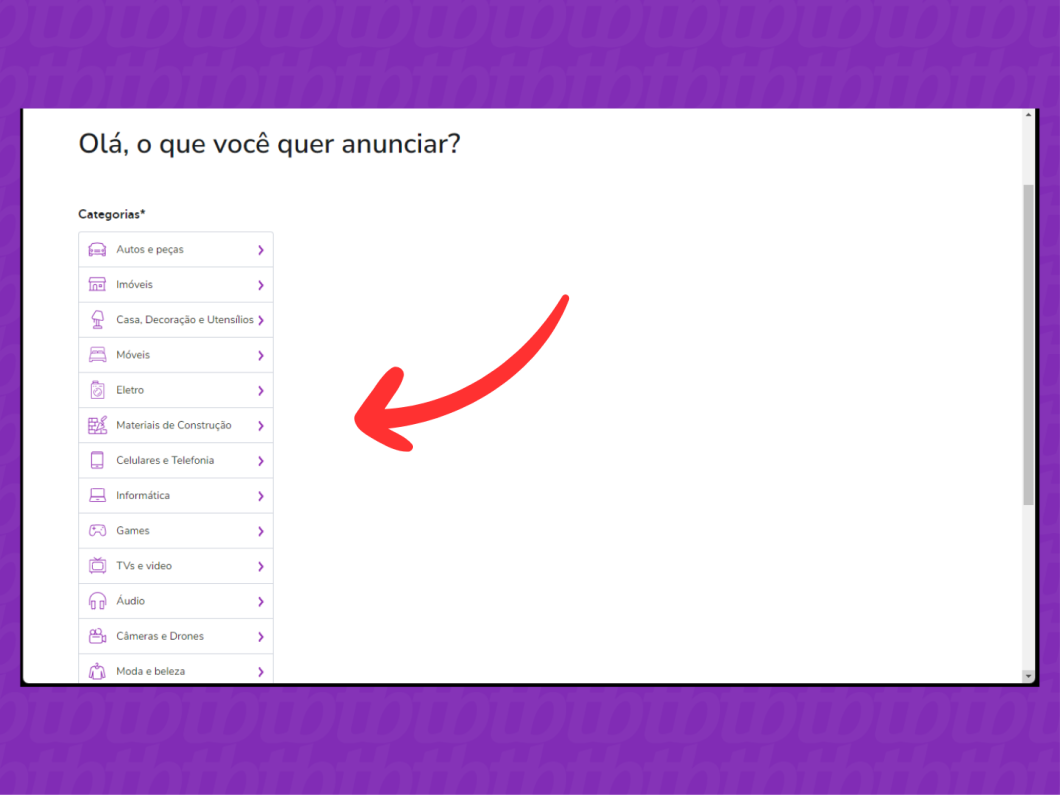 Captura de tela do site OLX mostra como escolher a categoria e subcategoria de um produto