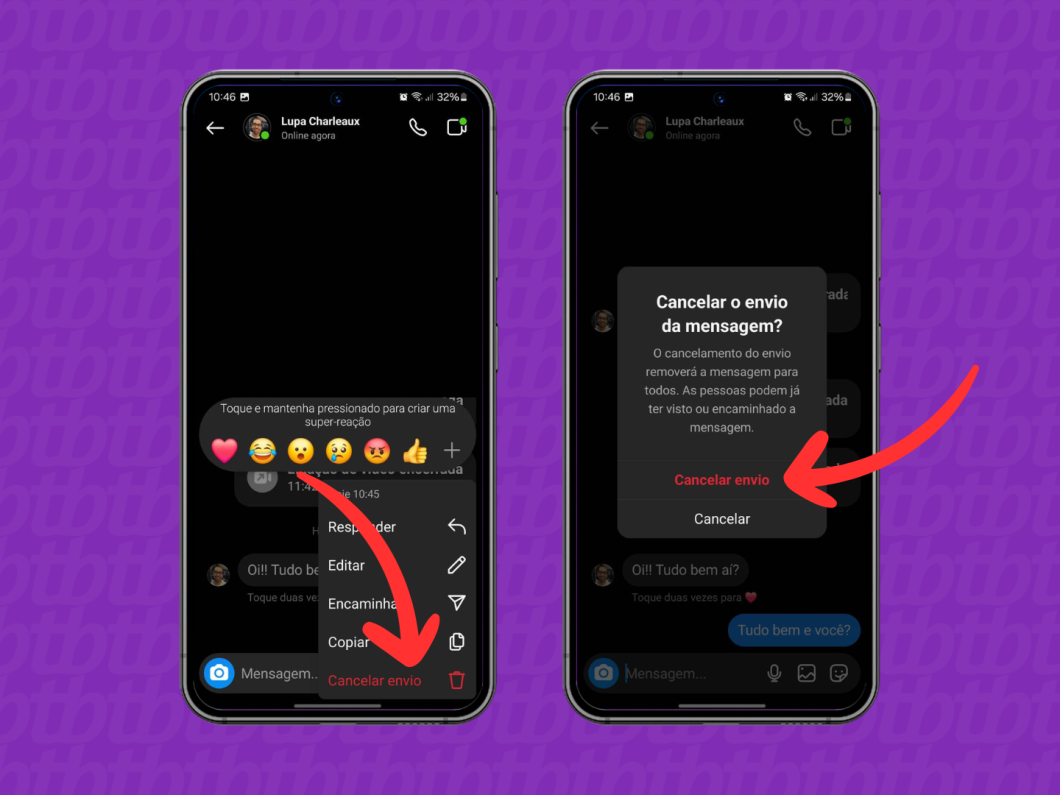 Capturas de tela do aplicativo Instagram mostram como cancelar o envio de uma mensagem