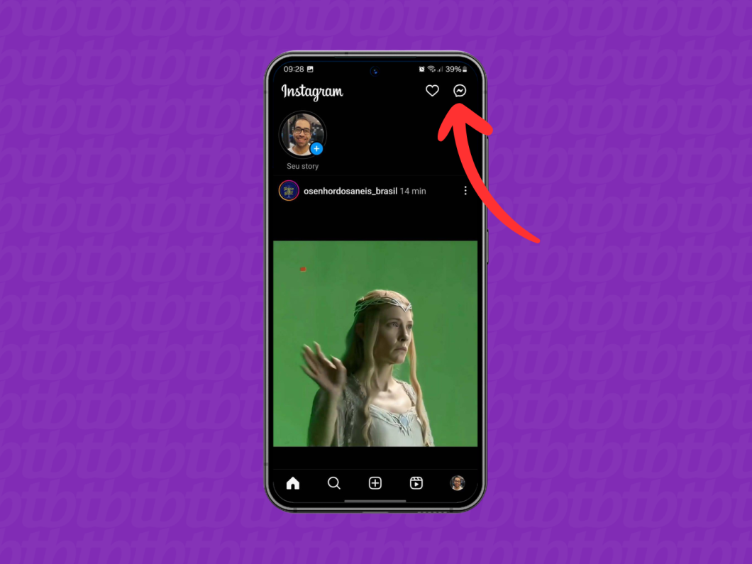 Captura de tela do aplicativo Instagram mostra como acessar as Mensagens Diretas