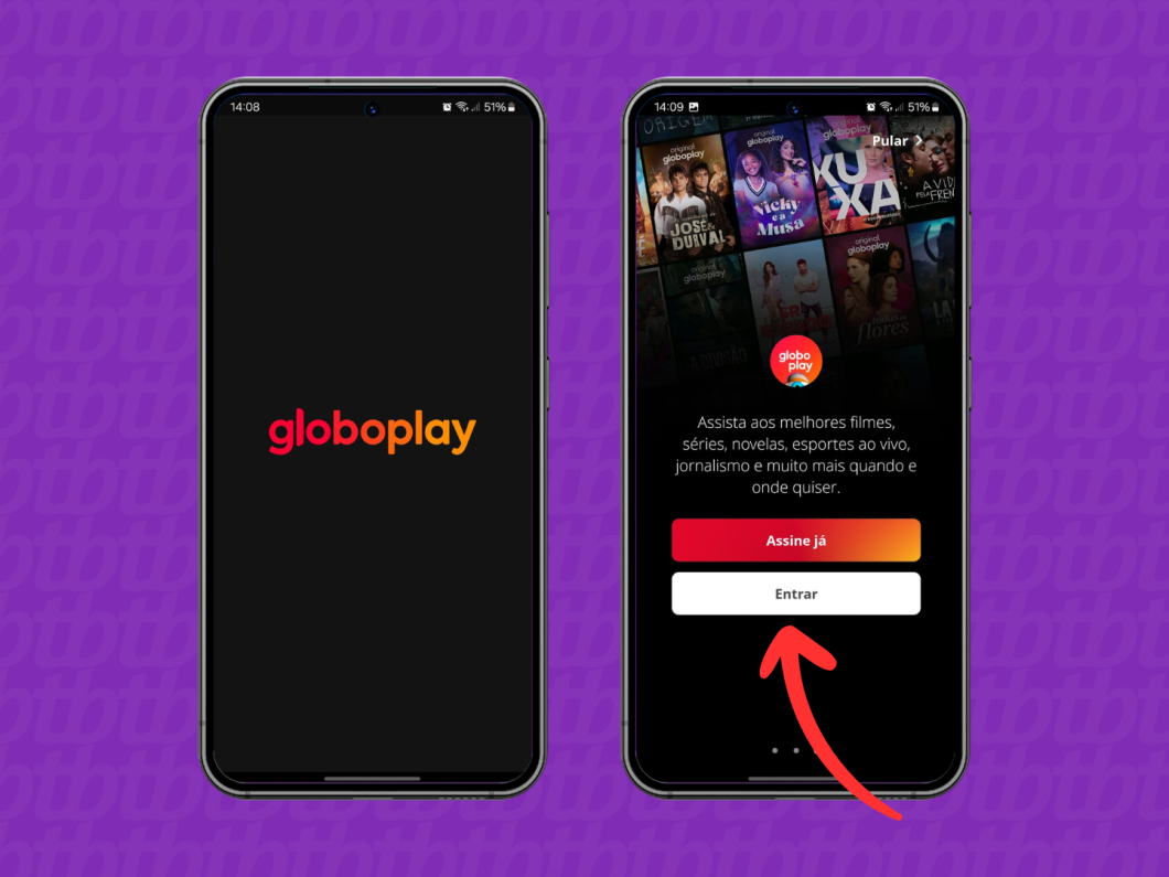 Capturas de tela do aplicativo Globoplay mostram como realizar o login no serviço de streaming