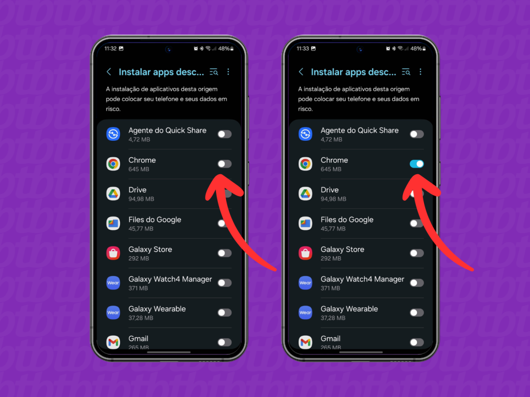 Capturas de tela da área Instalar apps desconhecidos do Android 14