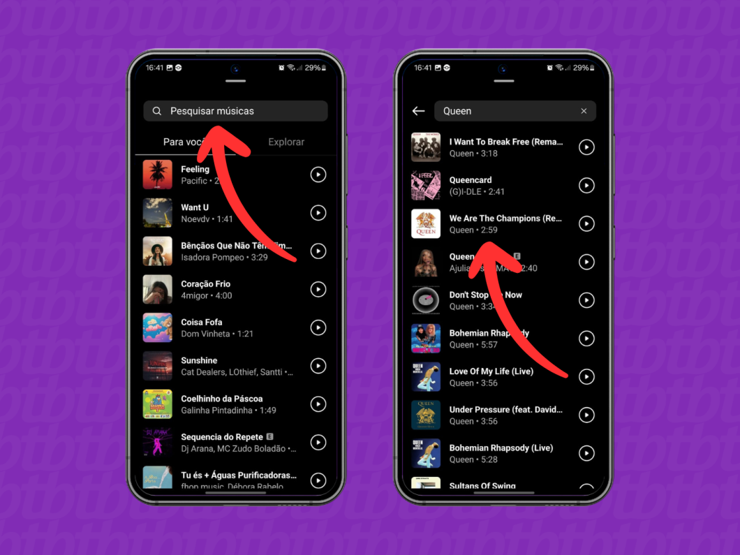 Capturas de tela do aplicativo Instagram mostram como escolher uma música no recurso Notas