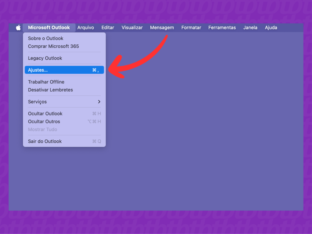 Captura de tela do Outlook para Mac mostra como acessar o menu "Ajustes"