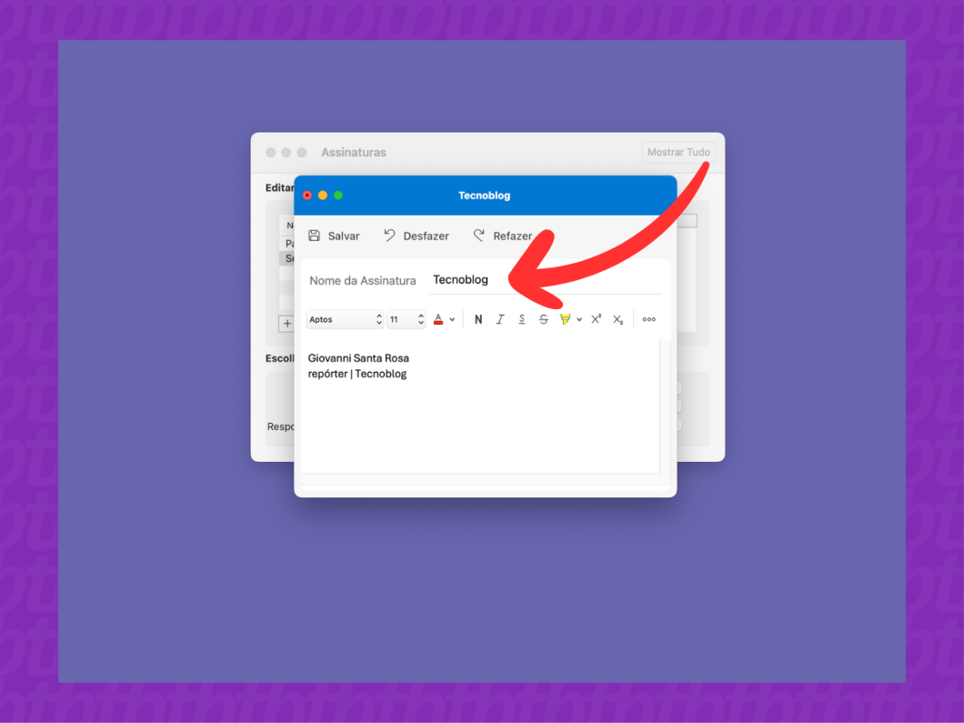 Captura de tela do Outlook para Mac mostra como criar uma nova assinatura de e-mail