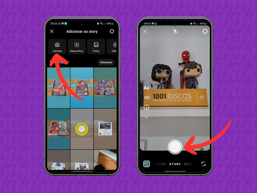 Capturas de tela do aplicativo Instagram mostram como criar um story
