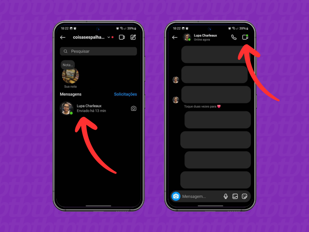 Capturas de tela do aplicativo Instagram mostram como iniciar uma chamada de vídeo