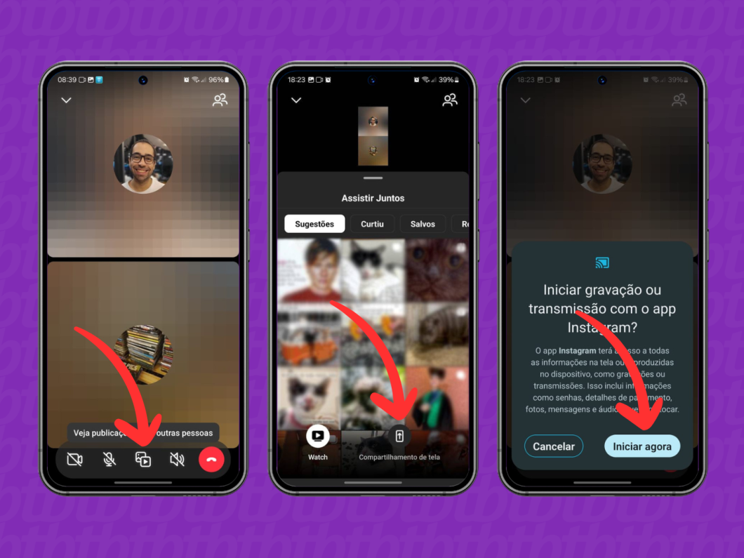 Capturas de tela do aplicativo Instagram mostram como compartilhar a tela em uma chamada de vídeo