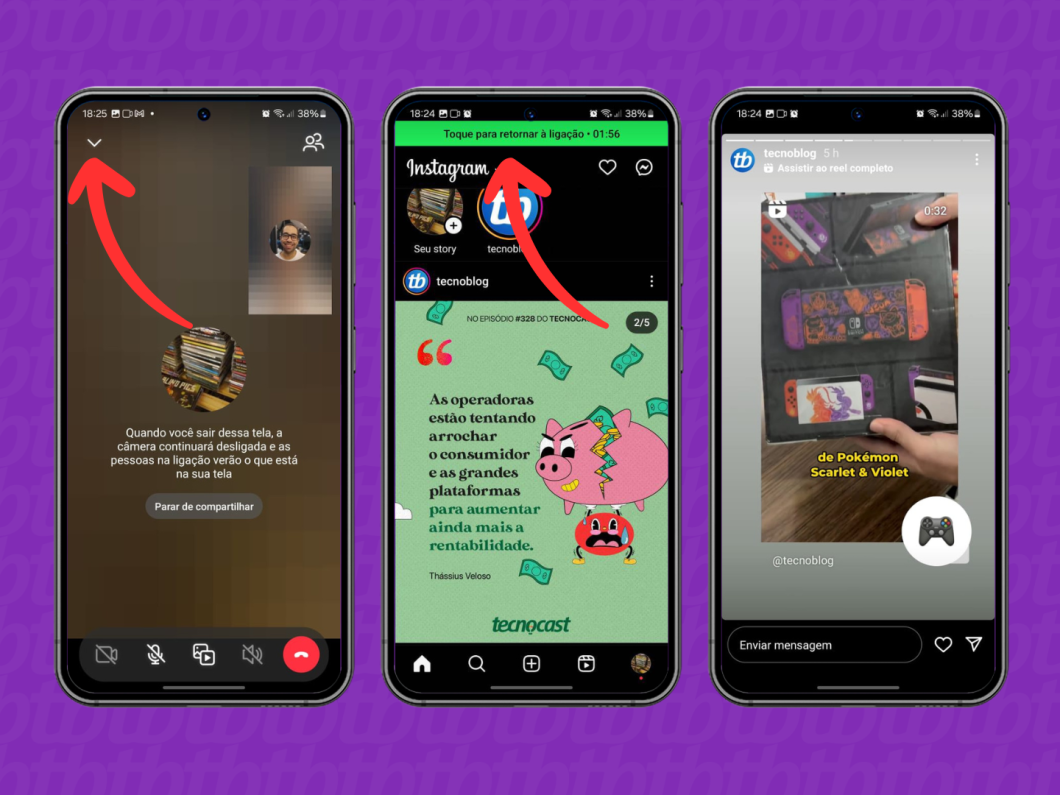 Capturas de tela do aplicativo Instagram mostram como transmitir a tela em uma chamada de vídeo