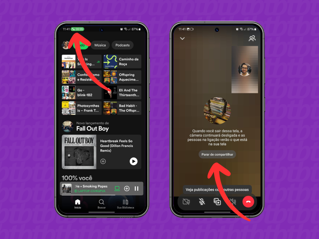 Capturas de tela do aplicativo Instagram mostram como parar de compartilhar a tela em uma chamada de vídeo