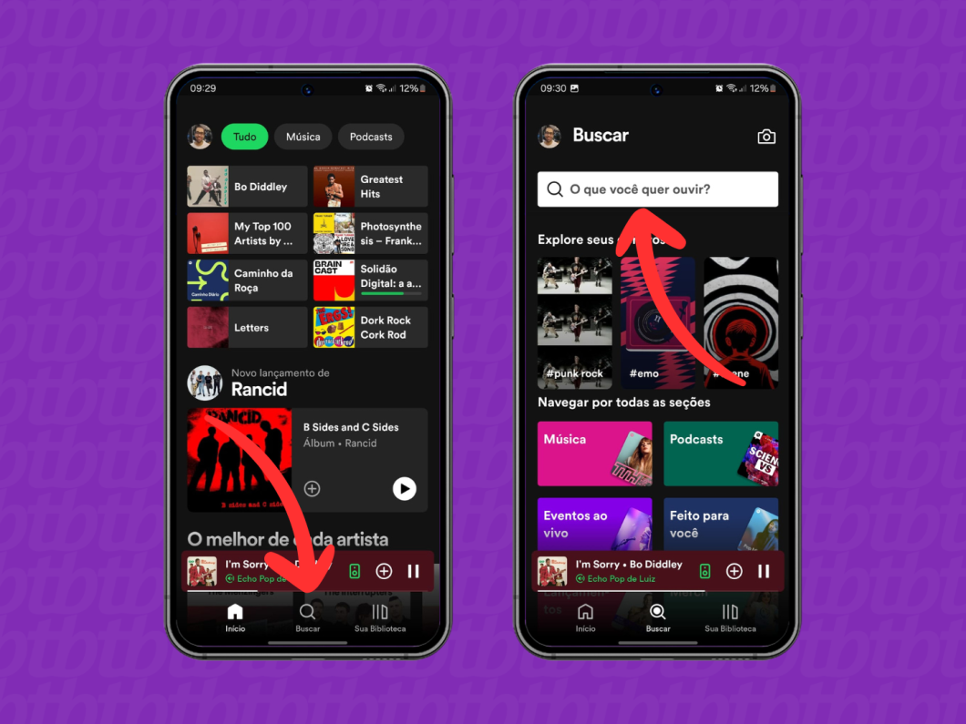 Capturas de tela do aplicativo Spotify mostram pesquisar por uma música
