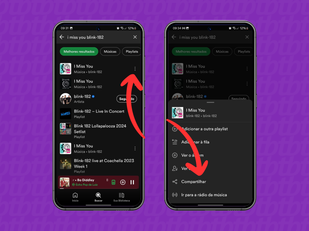 Capturas de tela do aplicativo Spotify mostram compartilhar uma música