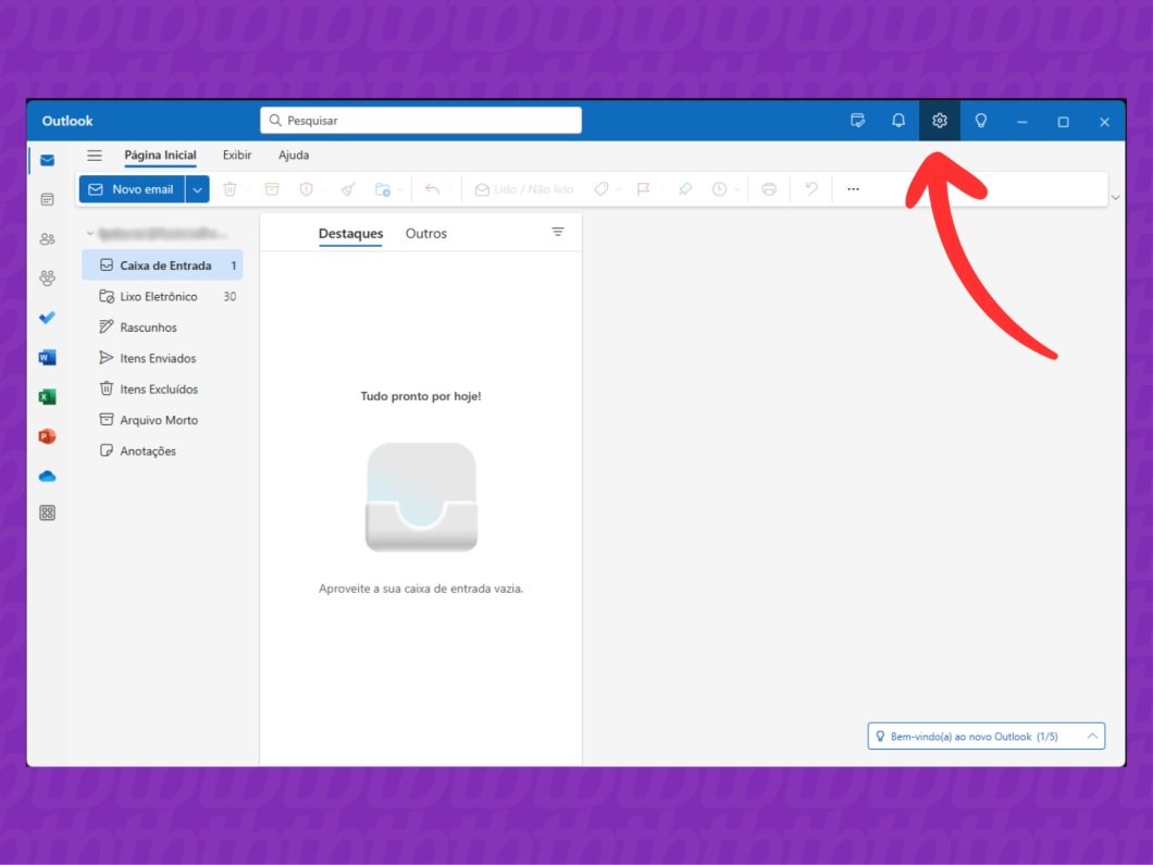 Captura de tela do Outlook para Windows mostra acessar as "Configurações"