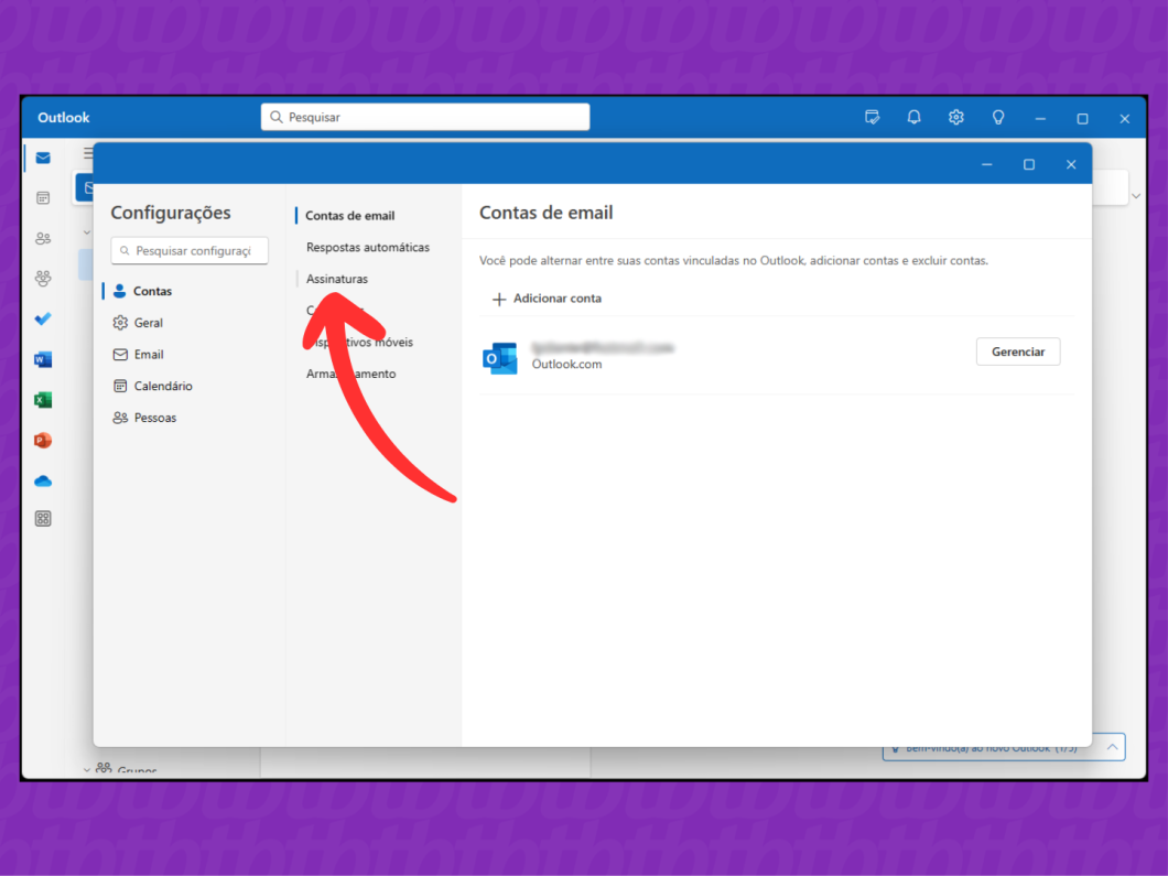 Captura de tela do Outlook para Windows mostra acessar o menu "Assinaturas"