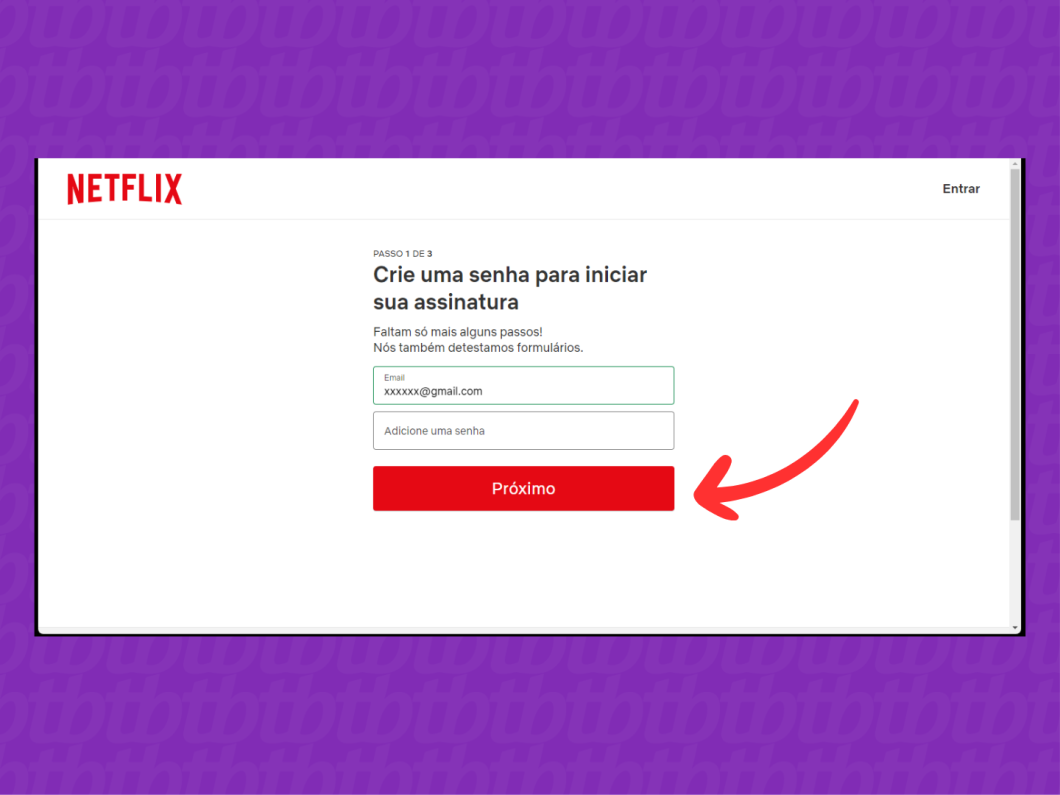 Captura de tela da página da Netflix para o cadastro de e-mail e senha de acesso à plataforma