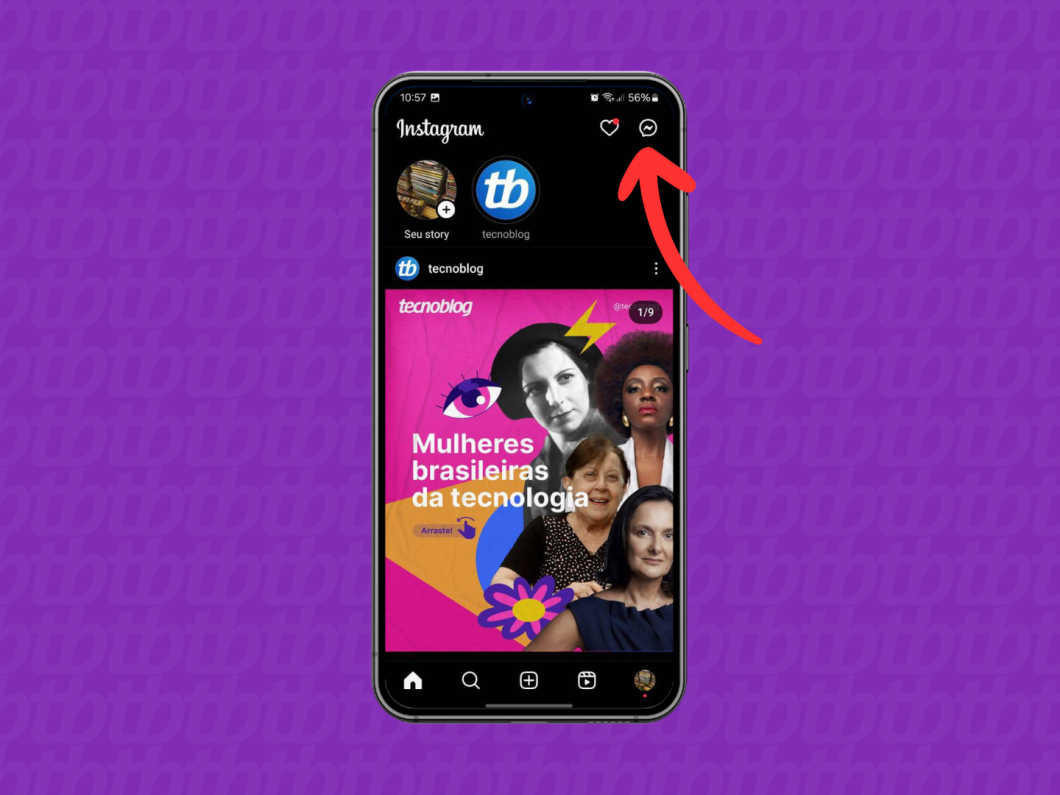 Captura de tela do aplicativo Instagram mostra como acessar o menu de Mensagens Diretas