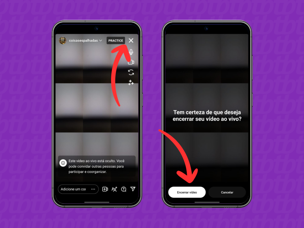 Capturas de tela do aplicativo do Instagram mostram como encerrar uma live do Instagram