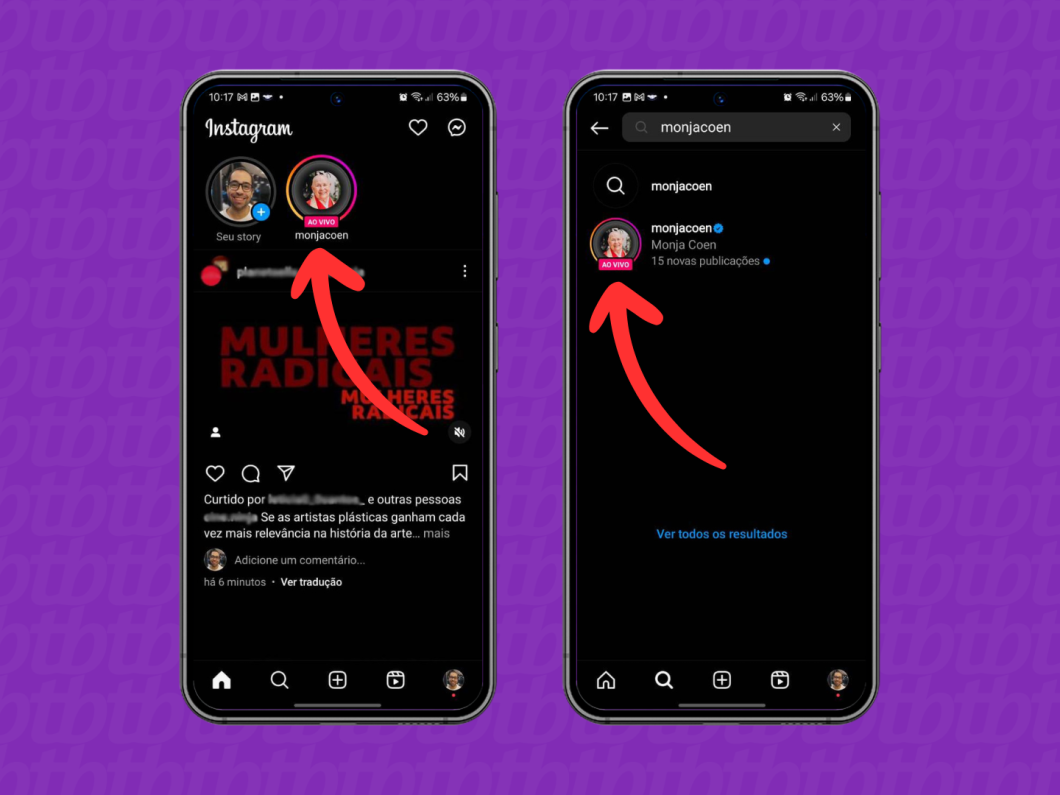 Capturas de tela do aplicativo do Instagram mostram como acessar uma live do Instagram