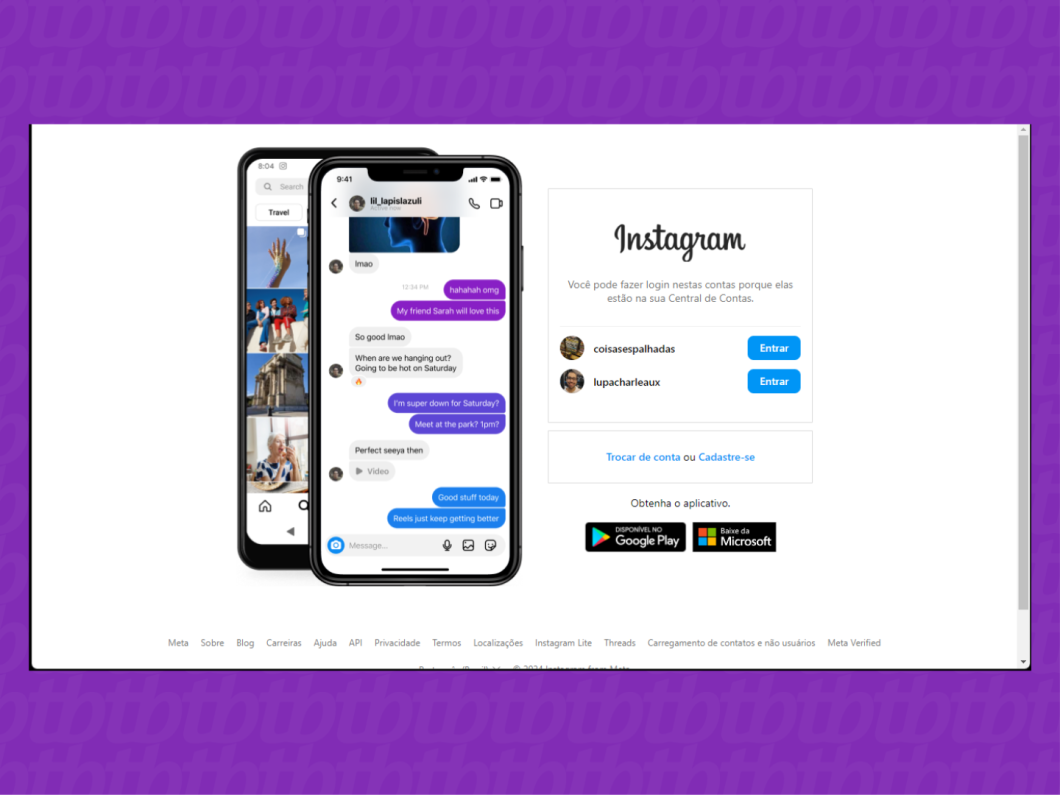 Captura de tela do site Instagram mostra como acessar a rede social usando as credenciais do Facebook