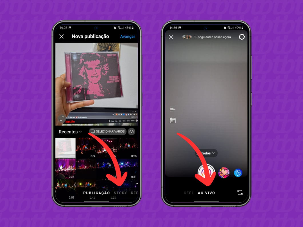 Capturas de tela do aplicativo do Instagram mostram como acessar a opção Ao Vivo