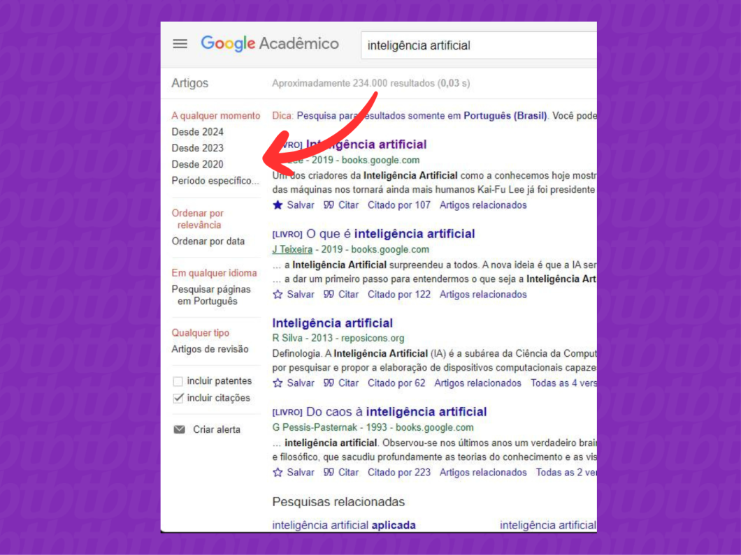 Captura de tela indica o campo do Google Acadêmico para fazer pesquisa avançada
