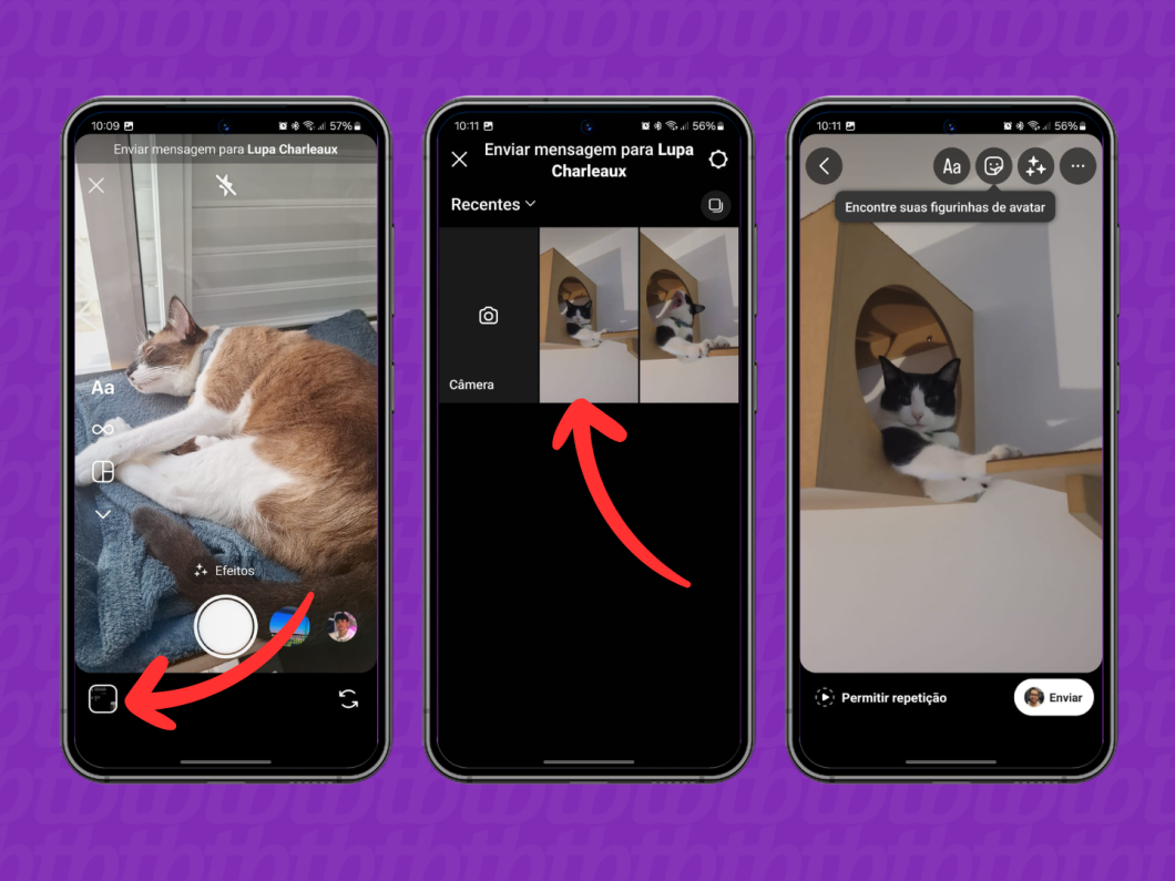 Capturas de tela do aplicativo Instagram mostram como escolher uma mídia da galeria do celular para enviar por DM