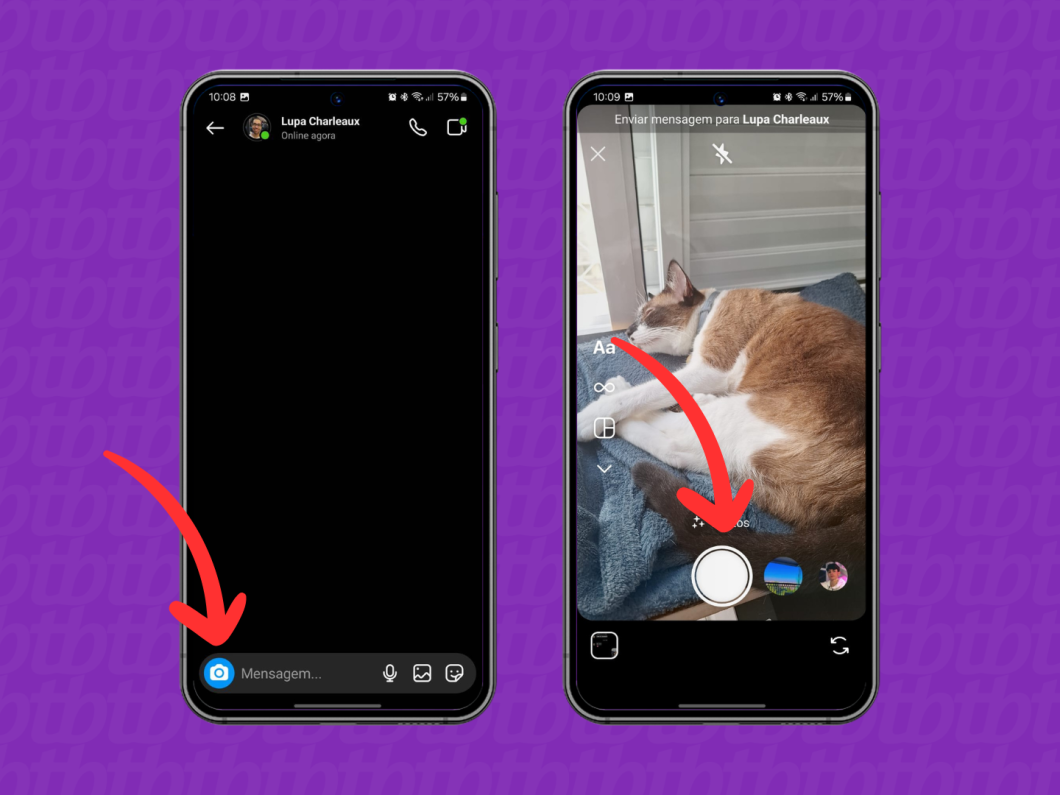 Capturas de tela do aplicativo Instagram mostram como tirar uma foto ou fazer um vídeo para enviar por DM