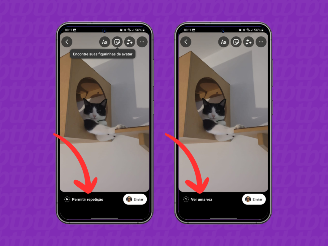 Capturas de tela do aplicativo Instagram mostram como escolher a opção para enviar uma foto temporária por DM