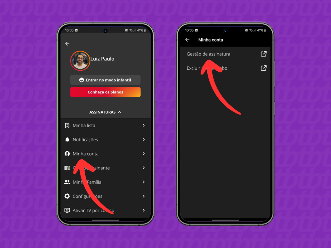 Capturas de tela do aplicativo Globoplay mostram como acessar o menu "Minha Conta" e "Gestão de assinatura"